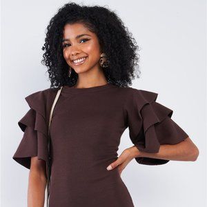 Dark Coffee Brown Tight Fit Multi Frill Mini Dress